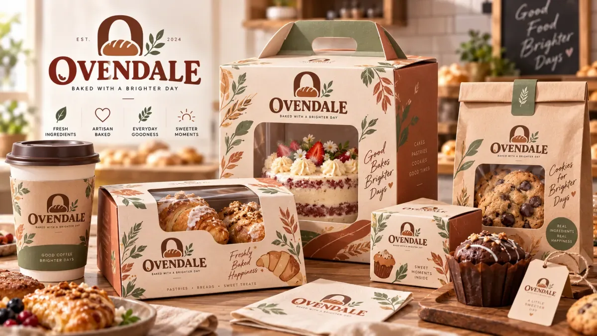 Bakery cake boxes and pastry gift packaging in coordinated warm, natural colours