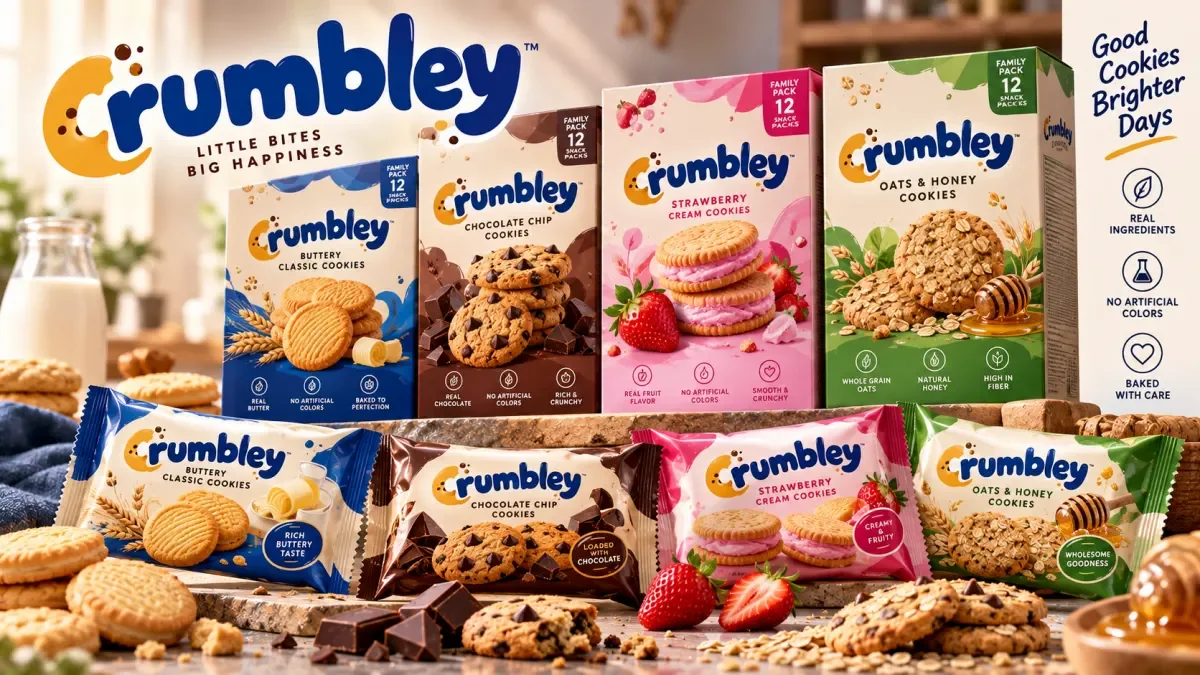 Bright biscuit and cookie snack pouches with playful typography and illustrated pack designs