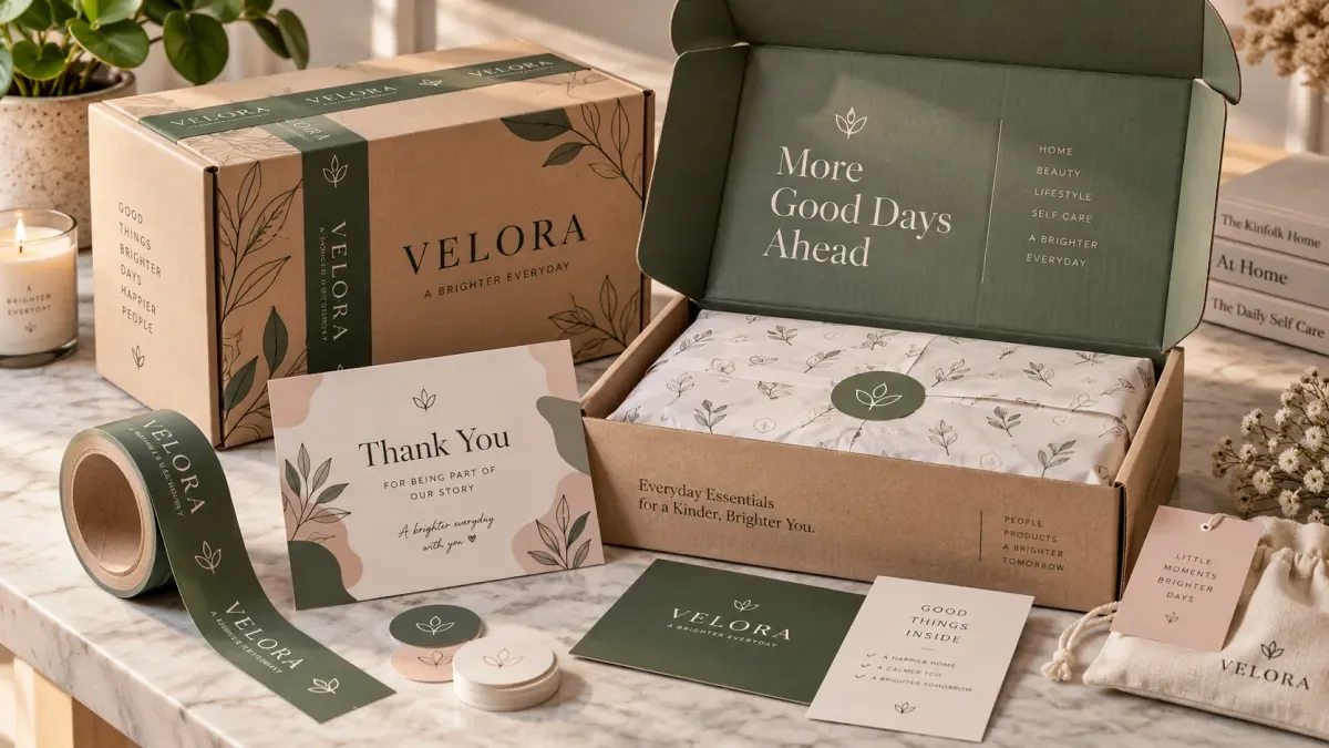 Branded ecommerce mailer boxes and tissue paper featuring a coordinated packaging identity