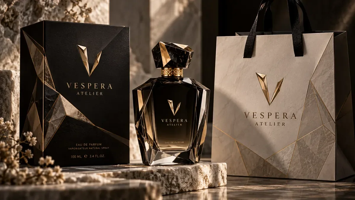 Premium perfume bottle and luxury folding gift box arranged in a dark product display