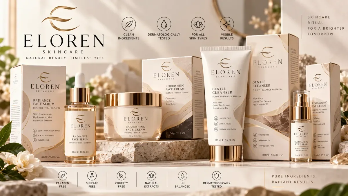 Skincare bottles and cosmetic jars with cream-coloured product packaging and botanical label designs