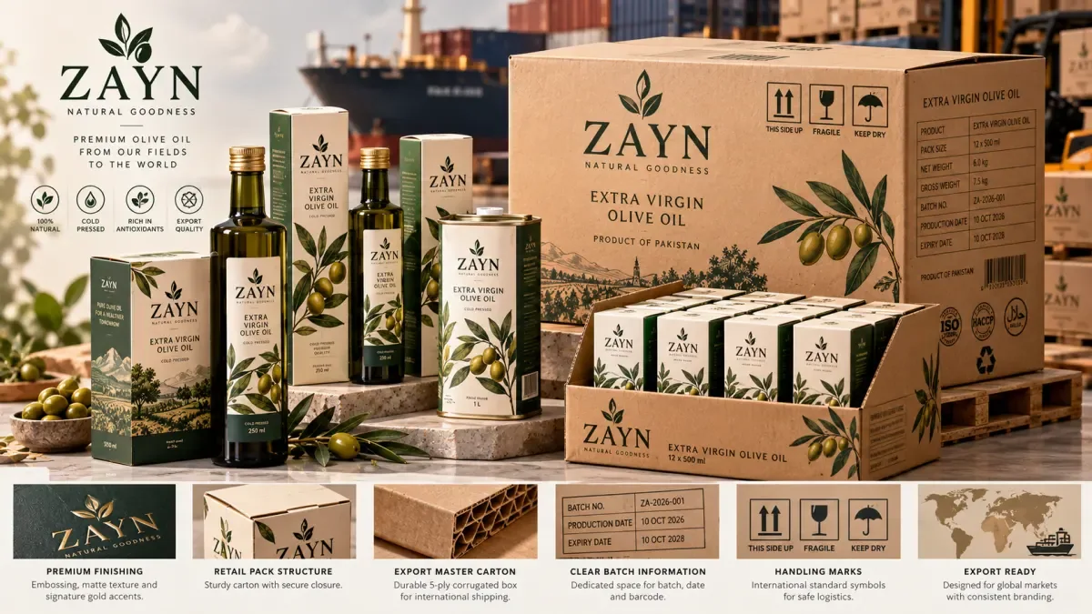 Olive oil glass bottles with matching printed cartons and premium packaging details