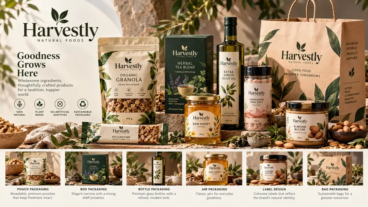 Organic food jars, pouches and boxes with coordinated labels and a soft neutral brand identity