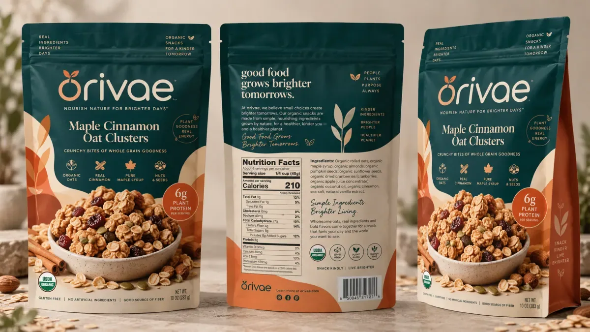 Stand-up granola pouches with earthy colours and clear product information on the packaging