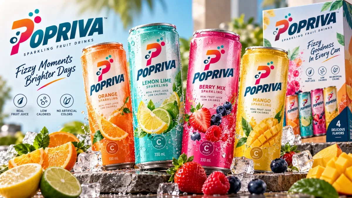 Colourful sparkling fruit drink cans showing flavour-led packaging design for beverages