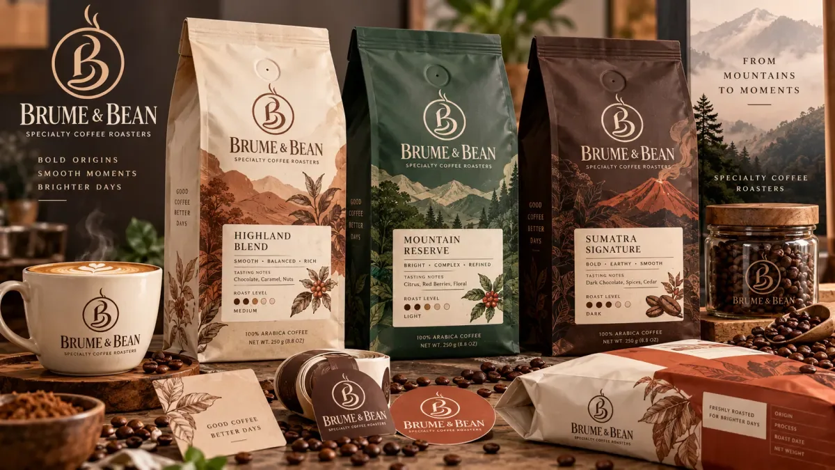 Premium coffee bags with brown and cream packaging labels arranged alongside coffee beans