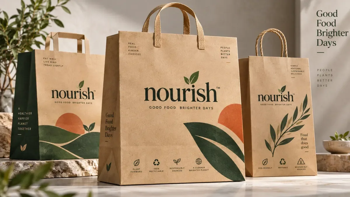 Natural kraft shopping bags with restrained printed branding and reusable paper packaging