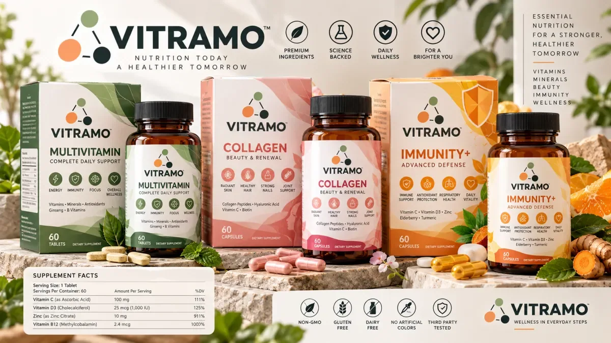 Vitamin supplement bottles and matching cartons with legible product branding